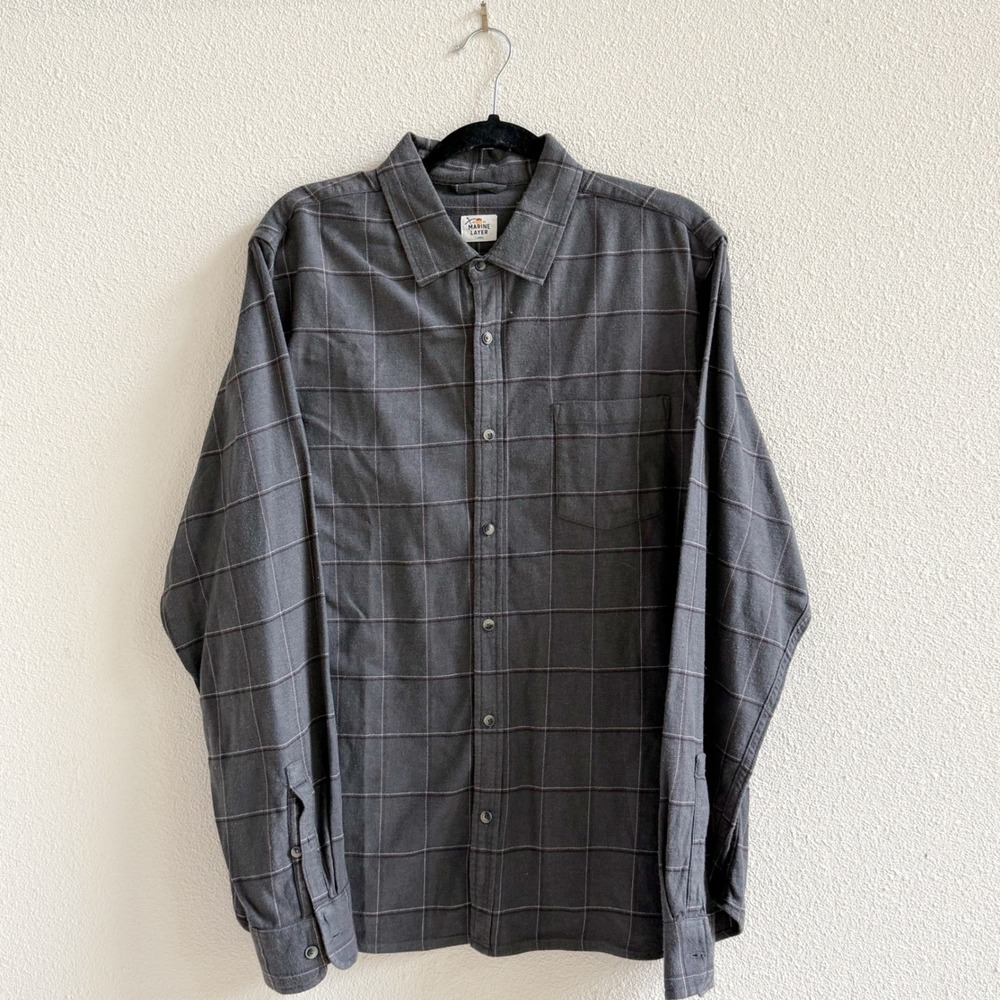 Marine Layer Button Down Shirt Mens Large Gray VGUC Windowpane Plaid Cotton